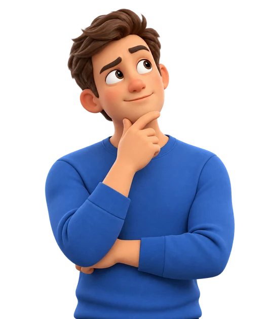 Personagem 3D com a mão no queixo e expressão de dúvida